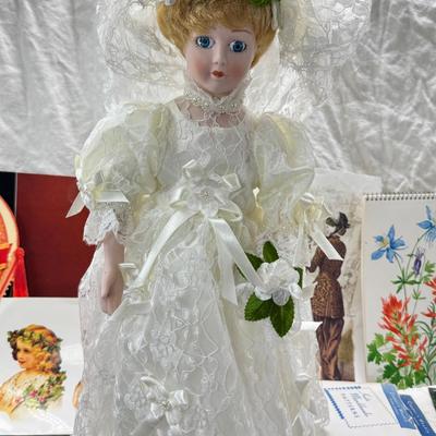 Sale Photo Thumbnail #413: Wedding dress bride porcelain doll "Timeless Treasure" Victorian theme cards, photogrpahs. Flower making craft books 1950s.