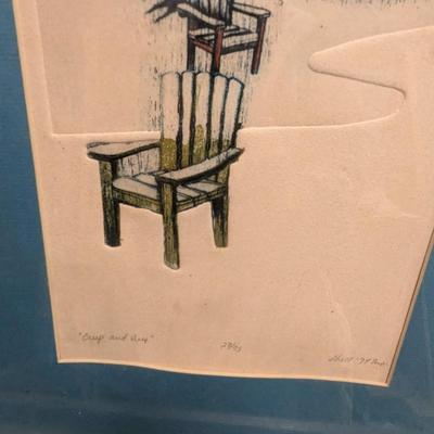 Print of a cabin, snow, and chairs. “Crisp and Deep,” 28/75, Shell. Approx 15 1/4" x 22/3/4" #38