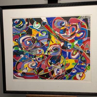 Framed, 20th century abstract, “Aquatic Transformations #1”, 4/20, by Merrill Shatzman, retired professor of visual arts, Duke...
