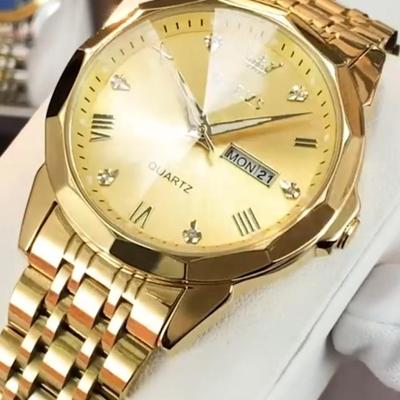 OLEVS Watch for Men Diamond Business Dress Analog Quartz Stainless Steel Waterproof Luminous Date Two Tone Luxury