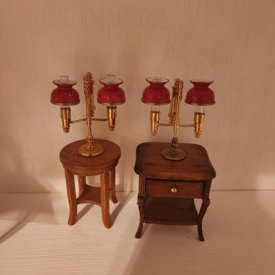 Wood Endtables with Red Lamps