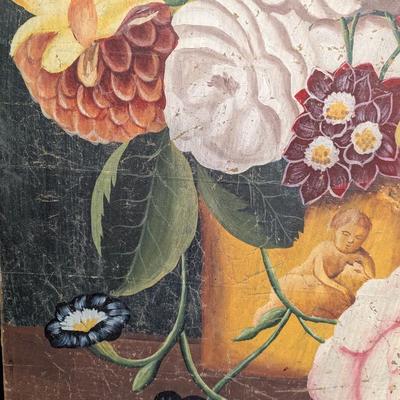 Giclee of pink flowers in ornate frame. Frame peeling. Approx 31" 3/4" x 44" #39