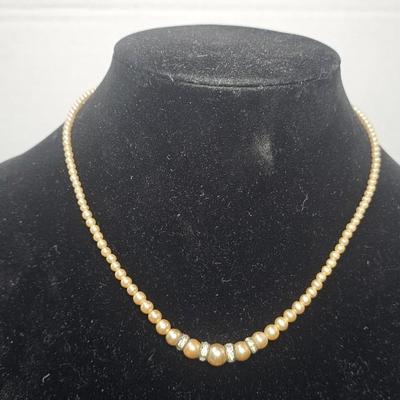 Vintage Peach Faux Pearl Necklace with Rhinestone Spacer Accents