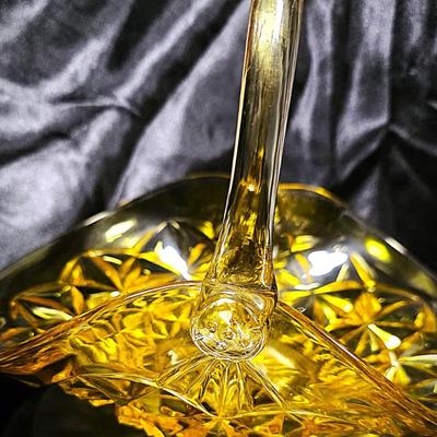 Vintage Indiana Glass Amber Yellow Handled Basket – Monticello / Constellation Pattern