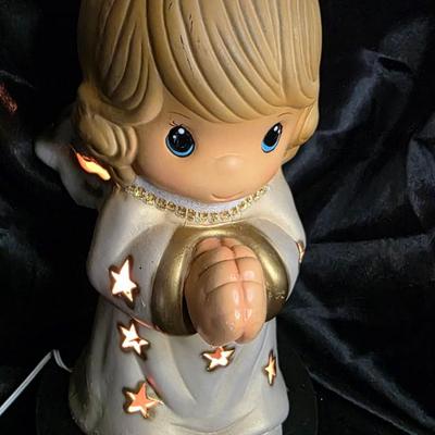 Vintage Hand-Painted Ceramic Angel Baby Night Light | Gold Halo & Star-Cut Wings | Plug-In Illuminated Figurine | Precious 13-in...
