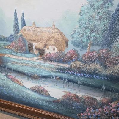 *LOCAL ONLY* - Vintage Ferrante Landscape Painting Framed Cottage Bridge 51x42 Wall Art