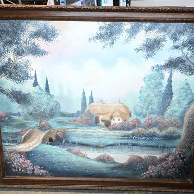 *LOCAL ONLY* - Vintage Ferrante Landscape Painting Framed Cottage Bridge 51x42 Wall Art
