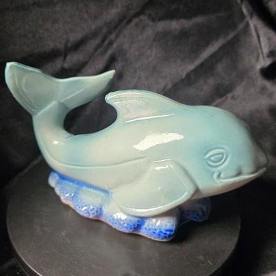 Vintage Blue Whale Ceramic Figurine Smiling Whale Coastal Nautical Decor Made in Brazil