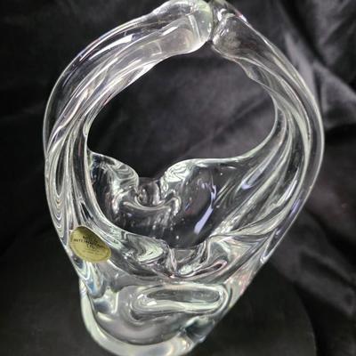 Vintage Hand-Blown Art Glass Basket Vase with Split Handle – Mid-Century Modern Clear Crystal