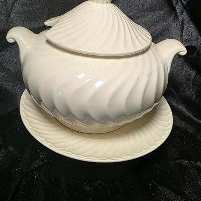 Vintage Himark Japan White Swirl Ceramic Soup Tureen with Lid & Underplate
