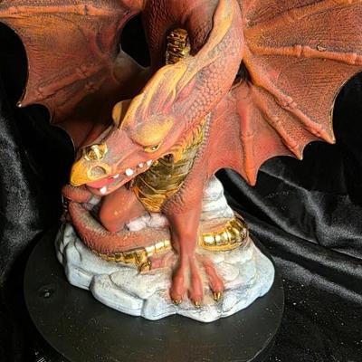 Vintage Red Dragon Resin Figurine with Gold Accents - Mythical Guardian on Rock Base