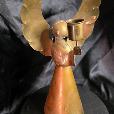 Vintage Mid-Century Brass Angel Taper Candle Holder - Abstract Praying Cherub w/ Large Wings