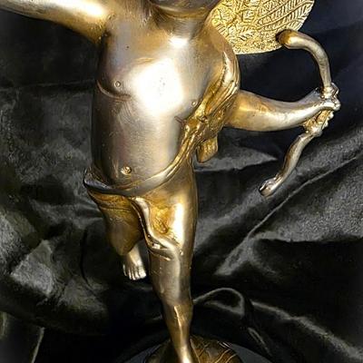 Vintage Heavy Solid Brass Cupid (Eros) Statue on Celestial Globe – 17” French Art Nouveau–Inspired Classical Sculpture