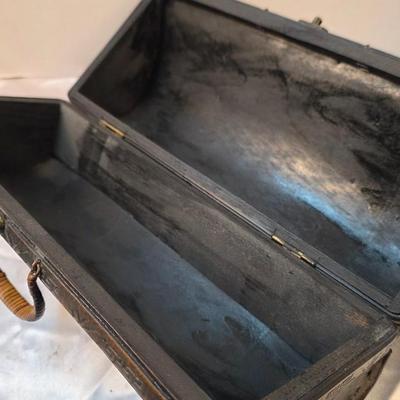 Vintage Woven Cane & Carved Wood Handled Storage Case Decorative Box