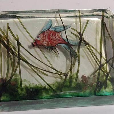 Vintage Glass Aquarium Block- Possibly Murano Designed by Alfredo Barbini- Approx 5" x 4" x 1 1/4" Thick