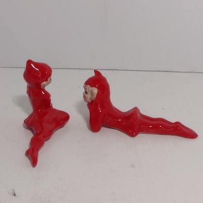 Pair of Vintage MCM Glazed Ceramic Pixie Elves- Possibly Japanese