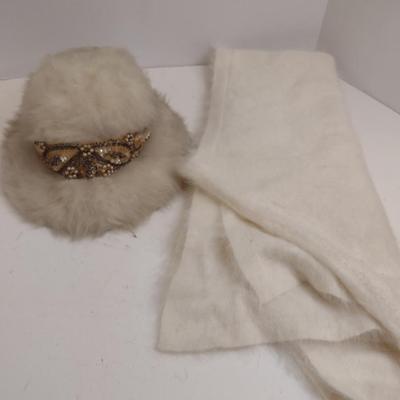 Vintage Accessories- Hat with Hand Beading and Angora Wrap