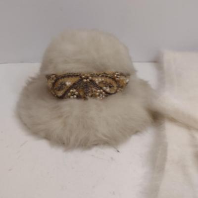 Vintage Accessories- Hat with Hand Beading and Angora Wrap