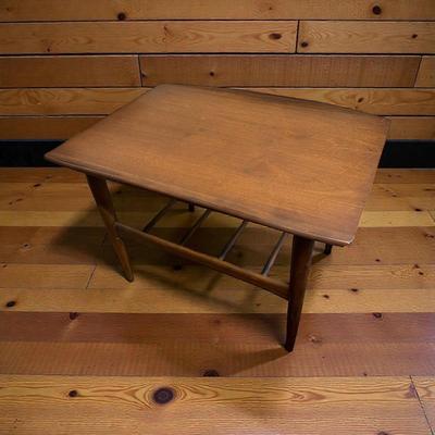 Pair Of Bassett Artisan Collection MCM Walnut Surfboard End Tables with a Spindled Lower Shelf