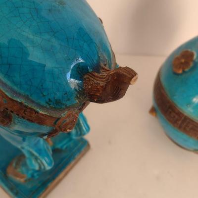 Pair of Turquoise Glaze Ceramic Chinese Statuette and Vase