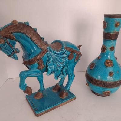 Pair of Turquoise Glaze Ceramic Chinese Statuette and Vase
