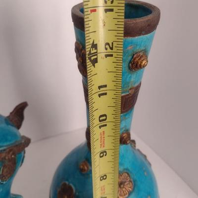 Pair of Turquoise Glaze Ceramic Chinese Statuette and Vase