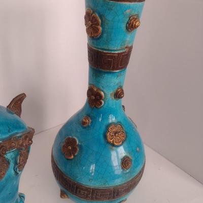 Pair of Turquoise Glaze Ceramic Chinese Statuette and Vase