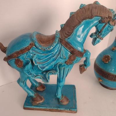Pair of Turquoise Glaze Ceramic Chinese Statuette and Vase