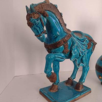 Pair of Turquoise Glaze Ceramic Chinese Statuette and Vase