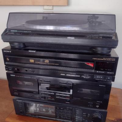 Assortment of Stereo Electronics Includes Sony, Onkyo Turntable and Amplifier, Other