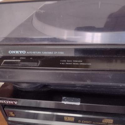 Assortment of Stereo Electronics Includes Sony, Onkyo Turntable and Amplifier, Other