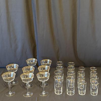Vintage Fostoria Gold-Rimmed Coupe & Tumbler Glasses (BD-SF)