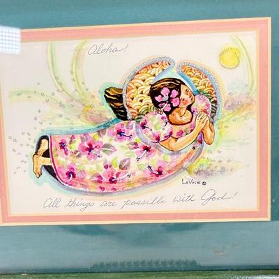 Sale Photo Thumbnail #136: Good condition, with the text "Aloha" at the top and "All things are possible with God" at the bottom. Measures approx. 11" x 9".