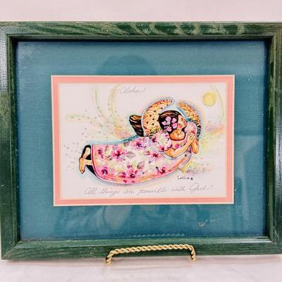 Sale Photo Thumbnail #137: Good condition, with the text "Aloha" at the top and "All things are possible with God" at the bottom. Measures approx. 11" x 9".