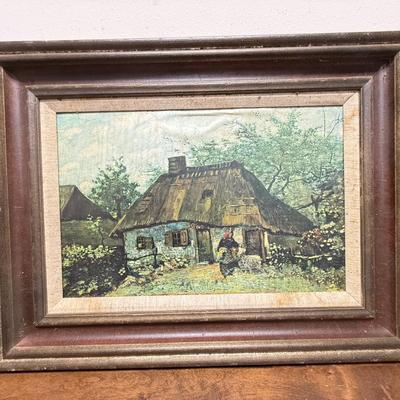 Sale Photo Thumbnail #121: Framed reproduction print of Vincent van Gogh's painting Farmhouse in Nuenen, also known as Cottage and Woman with Goat.   Print is in fair to good condition, some water damage that may be able to be cleaned. Minor damage to the frame (see photos). Measur