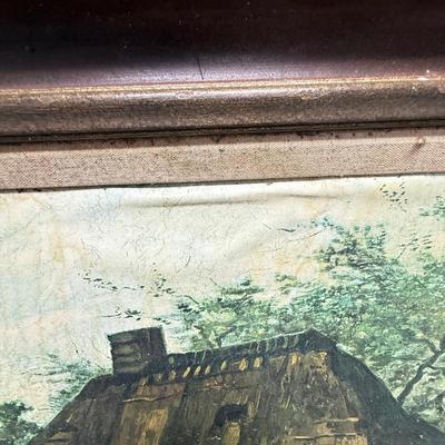 Sale Photo Thumbnail #119: Framed reproduction print of Vincent van Gogh's painting Farmhouse in Nuenen, also known as Cottage and Woman with Goat.   Print is in fair to good condition, some water damage that may be able to be cleaned. Minor damage to the frame (see photos). Measur
