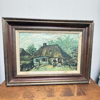 Sale Photo Thumbnail #120: Framed reproduction print of Vincent van Gogh's painting Farmhouse in Nuenen, also known as Cottage and Woman with Goat.   Print is in fair to good condition, some water damage that may be able to be cleaned. Minor damage to the frame (see photos). Measur