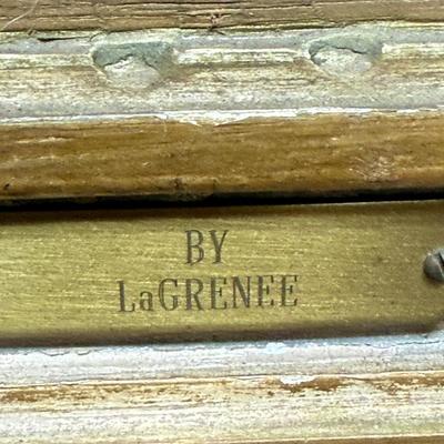 Sale Photo Thumbnail #41: In good used condition but it's loose from the frame on one corner. The label at bottom of photo is by LaGrenee.
