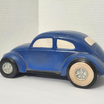 Vintage Blue Volkswagen Beetle Style Ceramic Car Figurine Mid Century Automotive Decor