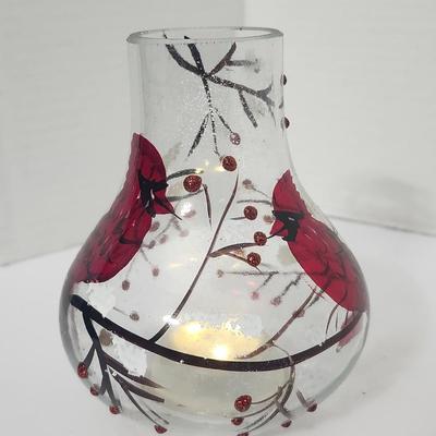 Cardinal Winter Scene Glass Lighted Vase Candle Holder Made in China Holiday Decor