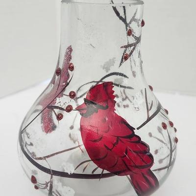 Cardinal Winter Scene Glass Lighted Vase Candle Holder Made in China Holiday Decor
