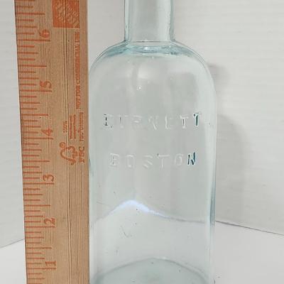 Antique Burnett Boston Embossed Glass Bottle Early American Apothecary Style Clear Aqua Glass