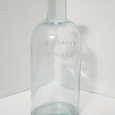 Antique Burnett Boston Embossed Glass Bottle Early American Apothecary Style Clear Aqua Glass