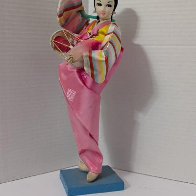 Traditional Korean Folk Dancer Doll Pink Hanbok Costume Drum Figure Cultural Decor Display Piece