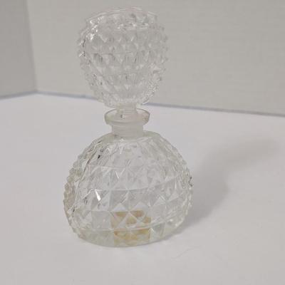 Vintage Clear Pressed Glass Diamond Cut Perfume Bottle with Matching Stopper Vanity Display