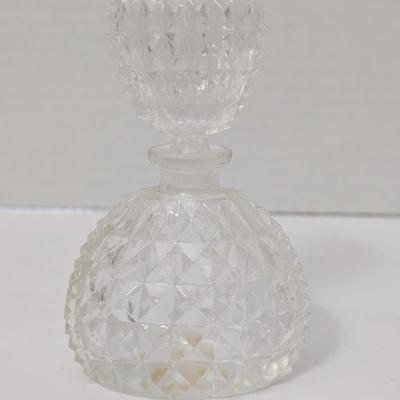 Vintage Clear Pressed Glass Diamond Cut Perfume Bottle with Matching Stopper Vanity Display