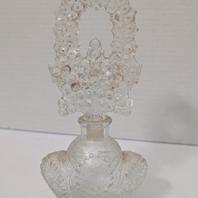 Vintage Clear Pressed Glass Perfume Bottle with Bubble Arch Stopper and Oval Medallion Body