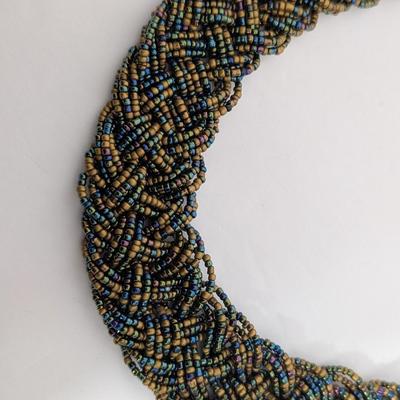 Vintage Multi Strand Seed Bead Statement Necklace Gold Tone Blue Green Iridescent Beaded Collar