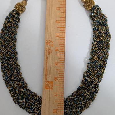 Vintage Multi Strand Seed Bead Statement Necklace Gold Tone Blue Green Iridescent Beaded Collar