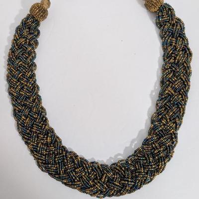 Vintage Multi Strand Seed Bead Statement Necklace Gold Tone Blue Green Iridescent Beaded Collar